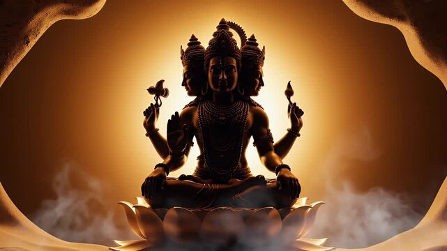 Lord Brahma devotional wallpaper background with sandstone-to-amber gradient and gentle illumination