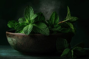 Rustic bowl of fresh mint leaves in soft light and shadow of illuminated studio against dark background with sharp focus on vibrant green spearmint