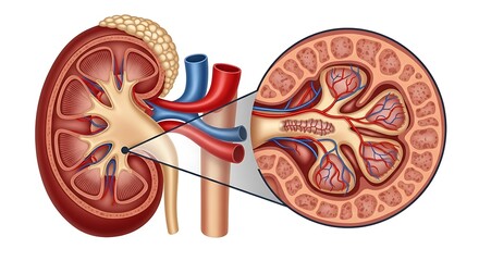 Detailed Human Kidney Anatomy Illustration.