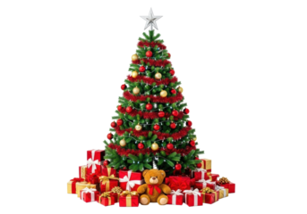 Artificial christmas tree, red/gold baubles, lights, star, gifts, teddy bear, isolated on transparent studio background, copy space, joyful christmas celebration concept