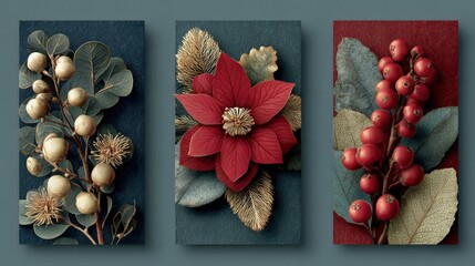 Holiday card collection featuring festive designs with flowers, leaves, and berries for Christmas and New Year celebrations suitable for various occasions