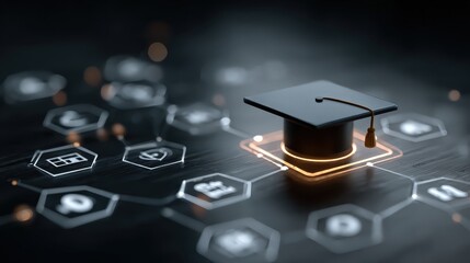 Digital learning platform featuring AI tools and personalized content in a professional setting with a graduation cap at the center of digital icons