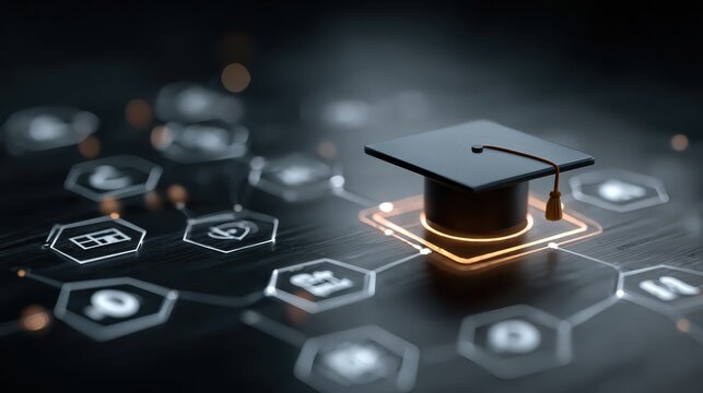 Digital learning platform featuring AI tools and personalized content in a professional setting with a graduation cap at the center of digital icons - Powered by Adobe