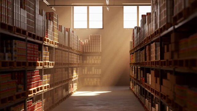 Cinematic slow-motion wide aisle warehouse pantry, sunlight filtering high windows, dust particles floating air, shelves stacked canned goods and non-perishables parallax effect, close-up focus 4k