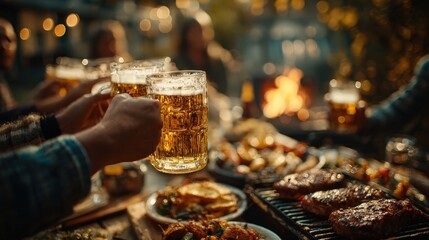 Friends enjoying a barbecue gathering outdoors, raising glasses of beer while sharing food and good moments at sunset with warm lighting around the table