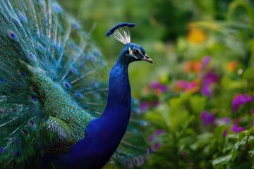 Vibrant peafowl portrait with colorful plumage and serene garden backdrop