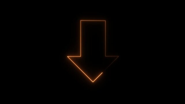 Bright neon downward arrow sign on black background. Futuristic cyan neon downward arrow graphic. Minimal neon light downward arrow symbol for download and trend.