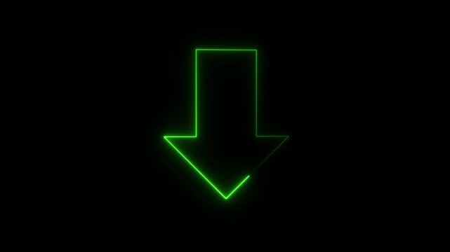Bright neon downward arrow sign on black background. Futuristic cyan neon downward arrow graphic. Minimal neon light downward arrow symbol for download and trend.