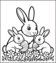 Obraz premium Easter bunny coloring page for kids black line art vector illustration doodle, Happy easter day coloring crafts and activities