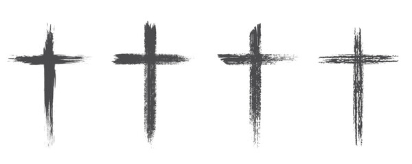 Christian cross set collection. Paint brush stroke cross. Religious cross.