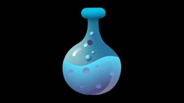 Animated blue potion bottle with bubbling liquid on black background, magical elixir icon for fantasy and game visuals