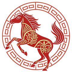 A black traditional Chinese zodiac horse silhouette with dragon inspired fantasy tattoo style design