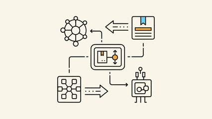 A diagram in beige and brown shows a linear process with network connections at either end