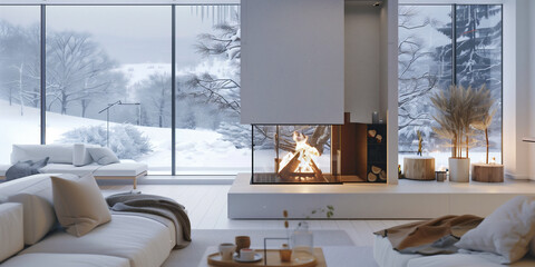 Obraz premium warm and cozy modern interior with fireplace and snowy view, elegant winter living room with fireplace and snow outside, cozy modern home interior with fireplace and snowy landscape
