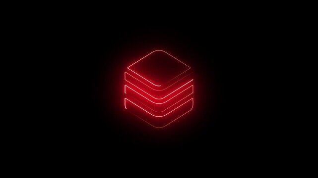 Glowing cyan neon isometric data stack icon on black background. Futuristic minimalist tech concept of layered digital storage.