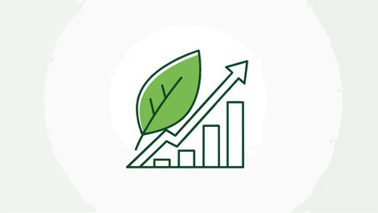 Illustration of a green leaf growing on a bar graph with an upward-pointing arrow, depicting sustainable growth. The graphic is a green icon on a white background
