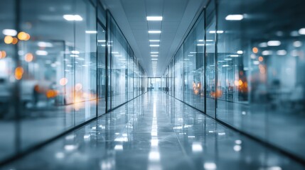 Office hallway with glass walls and neutral colors creates an open space for work and collaboration in a professional environment for various uses