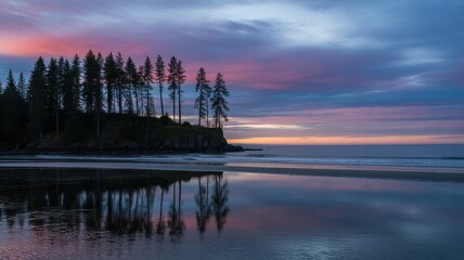 Colorful Sunset Reflecting on a Calm Beach with Pine Trees on a Cliff