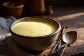 Warm-toned photograph of comforting custard in a ceramic dish