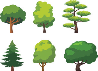 Set of diverse green tree vector icons with deciduous and coniferous forest foliage in flat design © Sume