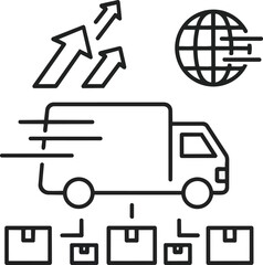This icon likely represents global shipping. It features a truck with boxes below and a globe, alluding to movement, distribution, and international trade