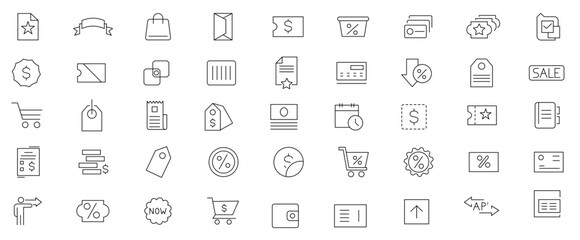 Discount line icons set. Shopping and E-commerce, discount, coupon, percent sign ribbon, offer, E-commerce outline icon collection. UI thin outline icons pack.