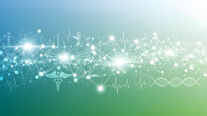 Abstract medical and scientific background with glowing network, DNA, heartbeat, and caduceus symbols on a blue-green gradient.