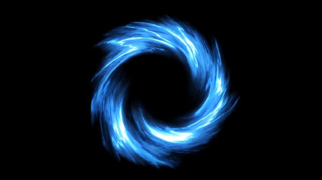 Swirling blue energy vortex spins on black background, glowing plasma ring animation for sci-fi magic effects