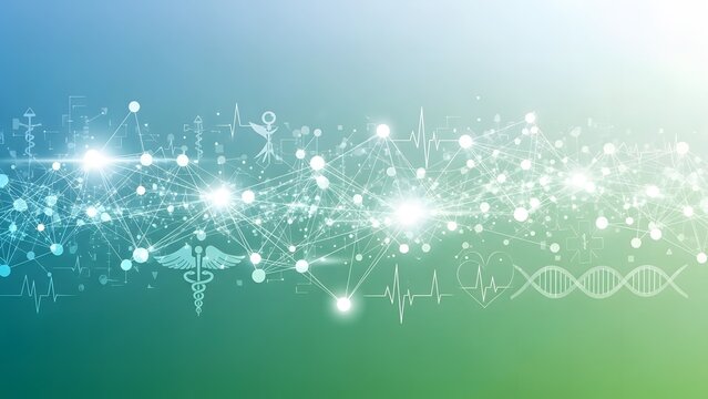 Abstract medical and scientific background with glowing network, DNA, heartbeat, and caduceus symbols on a blue-green gradient. - Powered by Adobe