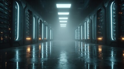 Futuristic data center with server racks showing digital data flow in a large warehouse environment during daytime