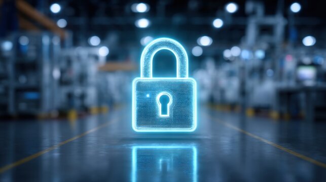 Digital Glowing Padlock Concept in an Industrial Environment Representing Cybersecurity and Data Protection Visuals - Powered by Adobe