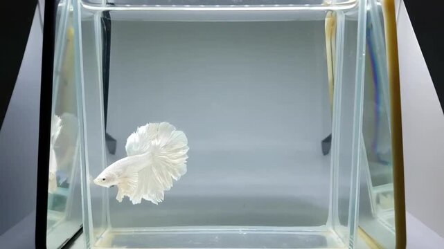 Betta fish male fancy white platinum halfmoon long tail from Thailand, Siamese fighting fish on isolated grey background.