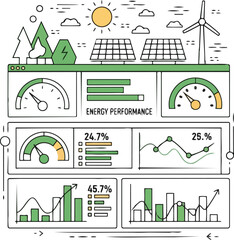An illustration showing an energy performance dashboard. It contains dials, charts, graphs, and the text "ENERGY PERFORMANCE", related to renewable energy and sustainability