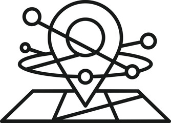 stylized location pin. The pin is centered over a map, surrounded by orbiting lines and dots, suggestive of digital networking