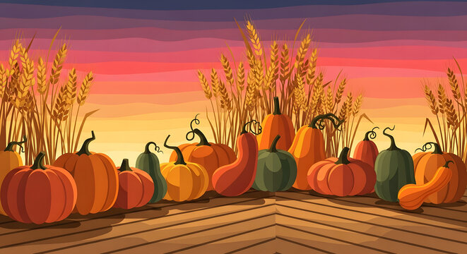 Autumn Harvest Display of Pumpkins and Gourds Against Sunset Whe