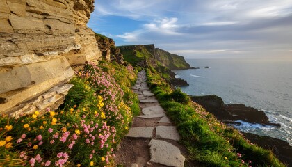 A winding stone path lined with pink and yellow wildflowers curves along a scenic seaside cliff.
