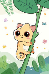 Cute cartoon lizard climbing a plant in a whimsical garden