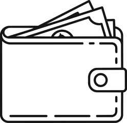 Line art of a full wallet. It is a stock image that represents money, cash, or currency, according to keywords listed on the right.