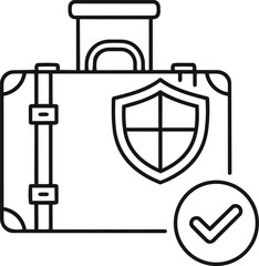 A protected suitcase with a checkmark symbolizes travel insurance. The suitcase, which has a shield on the side, is ready for any adventure