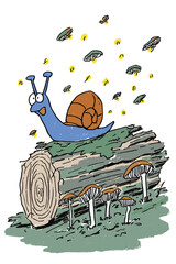 Happy Cartoon Snail with Mushrooms on a Log