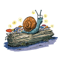Happy Cartoon Snail with Mushrooms on a Log