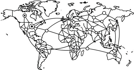 A line drawing depicts a world map with circles connected by lines, suggesting a global network. This icon likely represents international connectivity or worldwide systems
