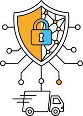 secure delivery. A shield and padlock overlay a network of connected nodes, above a delivery truck with motion lines. The image conveys protection and speed