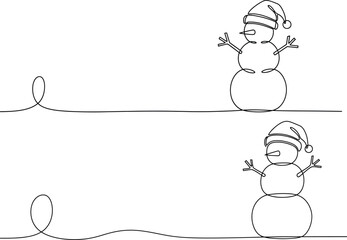 Delightful continuous line drawing of a cheerful snowman with a hat and carrot nose, perfect for holiday cards and winter designs