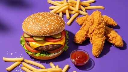A fast food marketing visual with a classic cheeseburger, crispy fried chicken strips, and golden fries on a bold purple background for combo meal promotion