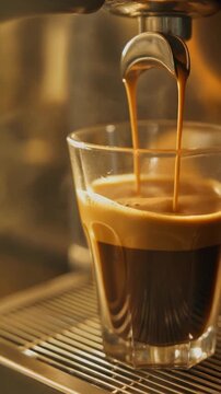 High-quality B-roll of fresh espresso pouring into a clear glass with realistic crema foam and soft cinematic lighting.