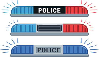 Set of police car light bars with blue and red emergency sirens and flashing strobe effects © Sume