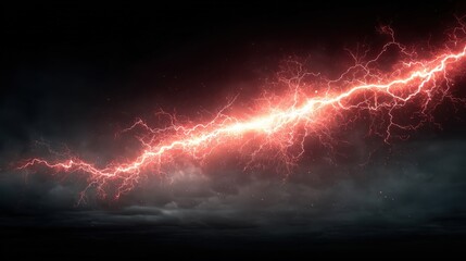 Red lightning strike with electric power beam appearing in dark sky during stormy weather