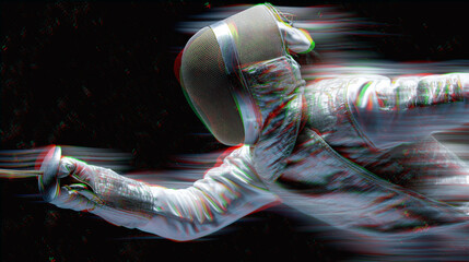 Fencer lunging dynamically with épée, glitch effect and motion blur emphasize speed, intensity, precision, and competitive attack.
