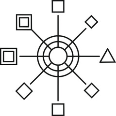 Icon sheet includes geometric shapes. A circular center is surrounded by squares, diamonds and a triangle connected by lines